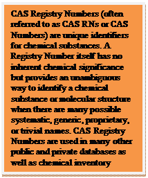 Text Box: CAS Registry Numbers (often referred to as CAS RNs or CAS Numbers) are unique identifiers for chemical substances. A Registry Number itself has no inherent chemical significance but provides an unambiguous way to identify a chemical substance or molecular structure when there are many possible systematic, generic, proprietary, or trivial names. CAS Registry Numbers are used in many other public and private databases as well as chemical inventory listings